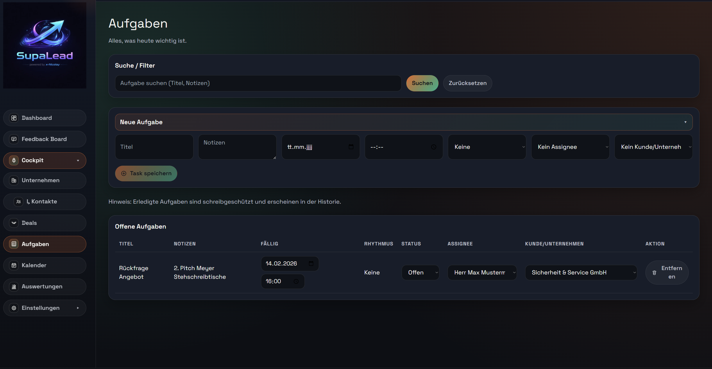 SupaLead Aufgaben Vorschau